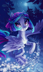 Size: 1024x1707 | Tagged: safe, artist:holivi, imported from derpibooru, oc, oc only, pegasus, pony, bedroom eyes, commission, female, looking at you, mare, moon, snow, solo, tree