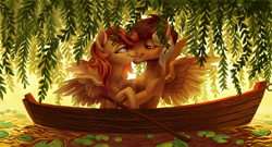 Size: 1024x554 | Tagged: safe, artist:holivi, imported from derpibooru, oc, oc only, oc:megan rouge, pegasus, pony, boat, commission, female, male, oc x oc, shipping, straight