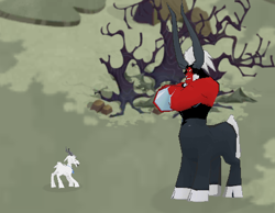 Size: 435x337 | Tagged: safe, imported from derpibooru, lord tirek, centaur, goat, changeling kingdom, cloven hooves, crossed arms, dead tree, game screencap, gameloft, implied thorax, this will end in tears, tree, unamused