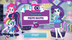 Size: 921x516 | Tagged: safe, imported from derpibooru, pinkie pie, rainbow dash, rarity, sci-twi, twilight sparkle, equestria girls, equestria girls series, converse, equestria girls logo, fashion photo booth, hasbro, implied fluttershy, official, shoes