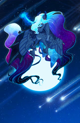 Size: 3300x5100 | Tagged: safe, artist:earthsong9405, imported from derpibooru, princess luna, alicorn, pony, cloven hooves, curved horn, ethereal mane, eyes closed, female, full moon, glowing horn, hybrid wings, mare, moon, night, realistic horse legs, solo, starry mane, starry wings, unshorn fetlocks, wing claws