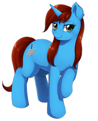 Size: 1863x2300 | Tagged: dead source, safe, artist:evomanaphy, imported from derpibooru, oc, oc only, oc:cyclorra, pony, unicorn, commission, disguise, disguised changeling, female, mare, raised hoof, shy, simple background, smiling, solo, transparent background