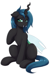 Size: 1496x2163 | Tagged: dead source, safe, artist:evomanaphy, imported from derpibooru, oc, oc only, oc:cyclorra, changeling, changeling oc, changeling princess, commission, fangs, looking at you, simple background, sitting, solo, transparent background