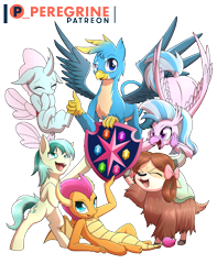 Size: 600x760 | Tagged: safe, artist:phoenixperegrine, imported from derpibooru, gallus, ocellus, sandbar, silverstream, smolder, yona, changedling, changeling, classical hippogriff, dragon, earth pony, griffon, hippogriff, pony, yak, bipedal, bow, cloven hooves, cute, cuteling, diaocelles, diastreamies, dragoness, female, flying, gallabetes, hair bow, male, monkey swings, patreon, patreon logo, sandabetes, simple background, smolderbetes, student six, teenager, transparent background, yonadorable