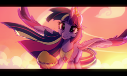 Size: 1920x1160 | Tagged: safe, artist:light262, imported from derpibooru, twilight sparkle, alicorn, pony, colored wings, female, flying, hoof shoes, mare, multicolored wings, older, older twilight, reaching, reaching out, solo, spread wings, twilight sparkle (alicorn), ultimate twilight, underhoof, wings