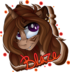 Size: 1000x1032 | Tagged: safe, artist:mychelle, imported from derpibooru, oc, oc only, oc:blaze, pony, unicorn, bust, fangs, female, mare, portrait, simple background, solo, transparent background