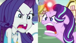 Size: 1024x576 | Tagged: safe, imported from derpibooru, rarity, starlight glimmer, all bottled up, equestria girls, equestria girls series, rollercoaster of friendship, angry, comparison, female, house, image macro, magic, mare, meme, open mouth, ragelight glimmer, rarirage, reeee