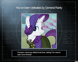 Size: 1280x1024 | Tagged: safe, artist:a4r91n, imported from derpibooru, rarity, pony, unicorn, clothes, command and conquer, command and conquer: generals, crossover, female, hmd, laser, lidded eyes, looking at you, military uniform, solo, uniform, you lose