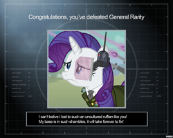 Size: 1280x1024 | Tagged: safe, alternate version, artist:a4r91n, imported from derpibooru, rarity, pony, unicorn, clothes, command and conquer, command and conquer: generals, crossover, disappointed, female, frown, hmd, laser, military uniform, solo, uniform, you win