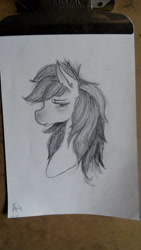 Size: 2304x4096 | Tagged: safe, artist:awesomedude14, derpibooru exclusive, imported from derpibooru, rainbow dash, pony, bust, ear piercing, female, looking at you, monochrome, paper, pencil drawing, photo, piercing, sad, solo, traditional art