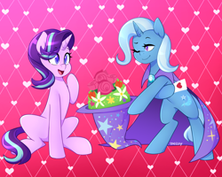 Size: 1500x1200 | Tagged: safe, artist:senseidezzy, deleted from derpibooru, imported from derpibooru, imported from ponybooru, starlight glimmer, trixie, pony, unicorn, cape, clothes, cute, diatrixes, female, flower, glimmerbetes, hat, lesbian, mare, ponerpics import, shipping, startrix, trixie's cape, trixie's hat