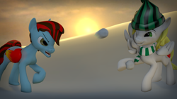 Size: 3840x2160 | Tagged: safe, artist:fiopon, edit, imported from derpibooru, oc, oc only, oc:angel rose, oc:fiopon, pony, 3d, clothes, cute, high res, hill, open mouth, scarf, snow, snowball, snowball fight, source filmmaker, toque