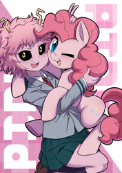 Size: 1800x2545 | Tagged: safe, artist:caibaoreturn, imported from derpibooru, pinkie pie, earth pony, pony, anime, cheek squish, clothes, crossover, cute, diapinkes, duo, female, happy, holding a pony, hug, looking at you, mare, mina ashido, minapie, moe, my hero academia, one eye closed, open mouth, pink, pleated skirt, shoes, skirt, smiling, socks, squishy cheeks, sweet dreams fuel, u.a. high school uniform