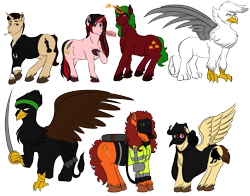 Size: 2100x1650 | Tagged: safe, artist:anxiousshadowpetals, imported from derpibooru, oc, oc only, oc:bright sparks, oc:doctor nevermore, oc:roaring, oc:scarlet letter, oc:tinderspark, oc:whitestone, oc:zugzwang, bird, crow, griffon, pegasus, pony, unicorn, fanfic:ponyville noire, antagonist, bullet, cigarette, cigarette holder, commission, fanfic art, flamethrower, gas mask, griffon oc, mask, plague doctor, plague doctor mask, scar, scowl, scowling, simple background, sword, transparent background, weapon