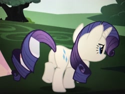 Size: 4032x3024 | Tagged: safe, imported from derpibooru, screencap, rarity, pony, unicorn, party of one, butt, cropped, female, mare, plot, rear view, smiling, solo