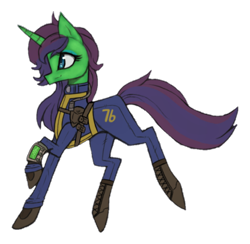 Size: 1332x1301 | Tagged: safe, artist:raptor007, imported from derpibooru, oc, oc:fantasia charm, pony, fallout equestria, clothes, crossover, fallout, fallout 76, female, full body vault suit, jumpsuit, mare, pipboy, pipbuck, simple background, transparent background, vault suit