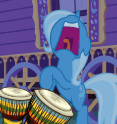 Size: 426x452 | Tagged: safe, edit, edited screencap, imported from derpibooru, screencap, trixie, pony, to where and back again, animated, bongos, cropped, djembes, ears back, female, floppy ears, freakout, hoofy-kicks, majestic as fuck, musical instrument, solo, song of my people, trixie's wagon