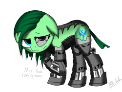 Size: 1500x1125 | Tagged: safe, artist:hugo231929, imported from derpibooru, oc, oc only, oc:mrs. tech, cyborg, earth pony, pony, crossed legs, eye contact, looking at you, piston, sad, scar, simple background, solo, transparent background