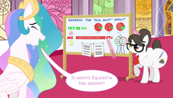 Size: 10667x6000 | Tagged: safe, artist:ithinkitsdivine, imported from derpibooru, princess celestia, raven, alicorn, pony, unicorn, absurd resolution, bottom heavy, butt, dialogue, duo, female, graph, huge butt, impossibly large butt, large butt, levitation, magic, mare, plot, pointer, show accurate, smiling, story included, telekinesis, the ass was fat, throne room, vote, whiteboard