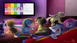 Size: 1280x720 | Tagged: safe, artist:daughter-of-fantasy, edit, imported from derpibooru, applejack, fluttershy, pinkie pie, rainbow dash, rarity, twilight sparkle, oc, oc:pauly sentry, earth pony, pegasus, pony, unicorn, crying, exploitable meme, female, folded wings, gay pride flag, instagram, mane six, mare, meme, obligatory pony, pinkamena diane pie, pride, pride flag, pride month, sad, sad movie meme, television