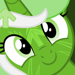 Size: 1500x1500 | Tagged: safe, artist:arifproject, imported from derpibooru, oc, oc only, oc:upvote, pony, derpibooru, close-up, cute, decal, derpibooru ponified, looking at you, meta, ponified, simple background, smiling, solo