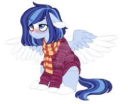 Size: 1024x832 | Tagged: safe, artist:azure-art-wave, imported from derpibooru, oc, oc only, oc:azure, pegasus, pony, clothes, female, mare, scarf, simple background, sitting, solo, spread wings, sweater, transparent background, watermark, wings