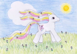 Size: 1024x718 | Tagged: safe, artist:normaleeinsane, imported from derpibooru, silly sunshine, earth pony, pony, cloud, female, flower, g3, grass, solo, sun, traditional art