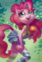 Size: 1771x2598 | Tagged: safe, artist:holivi, imported from derpibooru, pinkie pie, anthro, earth pony, ball, clothes, cute, diapinkes, female, high res, socks, solo, stockings, striped socks, thigh highs