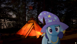 Size: 4110x2390 | Tagged: safe, artist:potato22, imported from derpibooru, trixie, pony, unicorn, bag, camping, female, forest, irl, looking at you, mare, photo, ponies in real life, solo, tent, tents, tree, vector