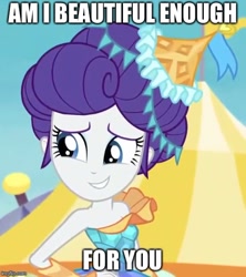 Size: 500x563 | Tagged: safe, edit, edited screencap, imported from derpibooru, screencap, rarity, equestria girls, equestria girls series, rollercoaster of friendship, bare shoulders, beautiful, bronybait, carousel dress, cropped, cute, fashion style, female, image macro, meme, solo, talking to viewer, toy, yes