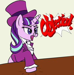 Size: 768x780 | Tagged: artist needed, safe, imported from derpibooru, snowfall frost, starlight glimmer, pony, unicorn, ace attorney, clothes, drawthread, female, glasses, hat, mare, objection, solo, table, top hat