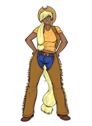 Size: 900x1238 | Tagged: safe, artist:aphexangel, artist:danerboots, imported from derpibooru, applejack, human, belt, boots, chaps, clothes, cowboy boots, dark skin, female, humanized, jeans, midriff, open mouth, pants, simple background, solo, tailed humanization, vest, white background
