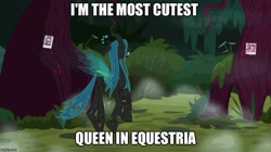Size: 888x499 | Tagged: safe, edit, edited screencap, imported from derpibooru, screencap, pinkie pie, queen chrysalis, rarity, changeling, changeling queen, the mean 6, cute, cutealis, everfree forest, female, image macro, meme, prancing, solo, tree
