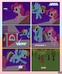 Size: 900x1080 | Tagged: safe, artist:lister-of-smeg, imported from derpibooru, pinkie pie, rainbow dash, oc, oc:crosspatch, oc:lazybug, earth pony, pony, comic:zap-o-lantern, apple, apple tree, bell, colt, comic, female, food, male, mare, tree