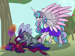 Size: 2732x2048 | Tagged: safe, artist:percy-mcmurphy, imported from derpibooru, princess flurry heart, oc, oc:alistair, oc:greyscale, alicorn, changedling, changeling, changepony, dracony, hybrid, pony, american football, antennae, apple, apple tree, colored sclera, cousins, fangs, food, glowing horn, hoof shoes, hybrid wings, insect wings, interspecies offspring, lying down, magic, next generation, offspring, parent:silver spoon, parent:spike, parent:thorax, parent:twilight sparkle, parents:silverspike, parents:twirax, playing, size difference, sports, spread wings, telekinesis, tree, trio, wings