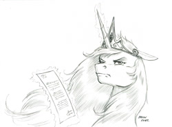Size: 1400x1028 | Tagged: safe, artist:baron engel, imported from derpibooru, princess celestia, pony, annoyed, crown, female, floppy ears, glowing horn, jewelry, letter, looking at you, looking back, looking back at you, magic, mare, monochrome, pencil drawing, regalia, simple background, sketch, solo, telekinesis, traditional art, white background