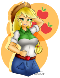 Size: 1550x2000 | Tagged: safe, artist:jovalic, imported from derpibooru, applejack, equestria girls, arm behind head, clothes, cowboy hat, cute, female, freckles, hat, jackabetes, smiling, solo, stetson