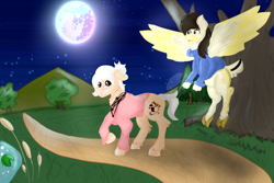 Size: 3000x2000 | Tagged: safe, artist:euspuche, imported from derpibooru, oc, oc:eustakia, oc:vanellope, earth pony, pegasus, pony, alternate timeline, forest, looking at each other, looking at you, moon, night, nightmare takeover timeline, older