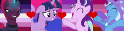 Size: 2000x500 | Tagged: safe, artist:prideponies, imported from derpibooru, starlight glimmer, tempest shadow, trixie, twilight sparkle, alicorn, my little pony: the movie, bi twi, bilight sparkle, bisexual pride flag, bisexuality, female, femme lesbian, femme lesbian pride flag, floppy ears, girly girl, lesbian, lesbian pride flag, lgbt, lgbt headcanon, moon lesbian, moon lesbian pride flag, polyamory, pride, pride flag, sexuality headcanon, shipping, shipping domino, startrix, tempestlight, twilight sparkle (alicorn), twistarlight
