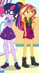 Size: 268x495 | Tagged: safe, imported from derpibooru, screencap, sci-twi, sunset shimmer, twilight sparkle, equestria girls, equestria girls series, rollercoaster of friendship, boots, clothes, cropped, crossed arms, female, geode of empathy, geode of telekinesis, hand on hip, jacket, ponytail, shoes, skirt