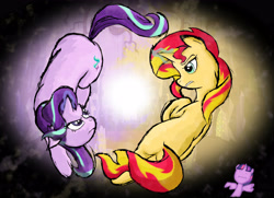 Size: 4909x3554 | Tagged: safe, artist:zaid val'roa, imported from derpibooru, starlight glimmer, sunset shimmer, twilight sparkle, alicorn, pony, unicorn, circling, colored, duo focus, female, fight, glare, magic, mare, sunset vs starlight, twilight sparkle (alicorn)