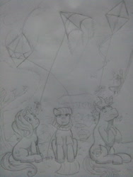 Size: 2448x3264 | Tagged: safe, artist:everythingyouhate69, imported from derpibooru, maud pie, starlight glimmer, oc, earth pony, pony, unicorn, glowing horn, kite, kite flying, monochrome, pencil drawing, that pony sure does love kites, traditional art