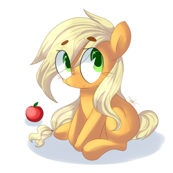 Size: 800x800 | Tagged: safe, artist:dddreamdraw, imported from derpibooru, applejack, earth pony, pony, apple, beanbrows, cute, eye clipping through hair, eyebrows, female, filly, food, freckles, jackabetes, looking at you, looking sideways, shadow, signature, simple background, sitting, smiling, solo, three quarter view, white background