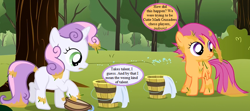 Size: 864x384 | Tagged: safe, edit, edited screencap, imported from derpibooru, screencap, scootaloo, sweetie belle, the cutie mark chronicles, bucket, bush, cropped, epic fail, fail, hook, noodle incident, scootaloo will show us games to play, speech bubble, text, tree, tree sap and pine needles, wash cloth, washcloth