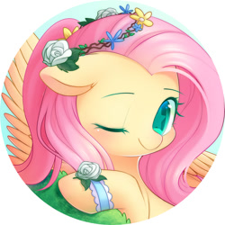 Size: 2000x2000 | Tagged: safe, artist:leafywind, imported from derpibooru, fluttershy, pegasus, pony, blushing, bush, bust, clothes, cute, female, flower, flower in hair, looking at you, mare, one eye closed, portrait, shyabetes, smiling, solo, starry eyes, wingding eyes, wristband