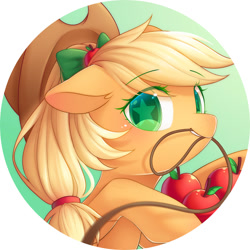 Size: 2000x2000 | Tagged: safe, artist:leafywind, imported from derpibooru, applejack, earth pony, pony, apple, blushing, bow, bust, cute, female, food, freckles, hair bow, hat, jackabetes, looking at you, mare, mouth hold, portrait, rope, solo, starry eyes, stars, wingding eyes