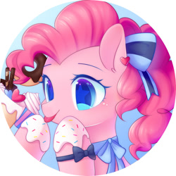 Size: 2000x2000 | Tagged: safe, artist:leafywind, imported from derpibooru, pinkie pie, earth pony, pony, blushing, bow, bowtie, bust, chocolate, clothes, cupcake, cute, diapinkes, donut, ear piercing, female, food, frosting, hair bow, heart, licking, mare, piercing, portrait, silly, solo, sprinkles, starry eyes, stars, tongue out, wingding eyes, wristband