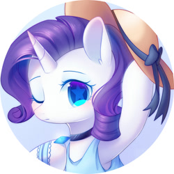 Size: 2000x2000 | Tagged: safe, artist:leafywind, imported from derpibooru, rarity, pony, unicorn, blushing, bow, bowtie, bust, choker, clothes, cute, female, hat, looking at you, makeup, mare, one eye closed, portrait, raribetes, shirt, solo, starry eyes, stars, wingding eyes, wink, wristband