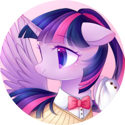 Size: 2000x2000 | Tagged: safe, artist:leafywind, imported from derpibooru, twilight sparkle, alicorn, pony, blushing, bow, bowtie, bust, clothes, cute, female, mare, portrait, smiling, solo, starry eyes, stars, suit, twiabetes, twilight sparkle (alicorn), wingding eyes