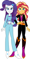 Size: 3632x7000 | Tagged: safe, artist:limedazzle, imported from derpibooru, rarity, sunset shimmer, equestria girls, boots, clothes, duo, duo female, female, high heel boots, lesbian, looking at you, pants, shipping, shoes, show accurate, simple background, smiling, sunsarity, tanktop, transparent background